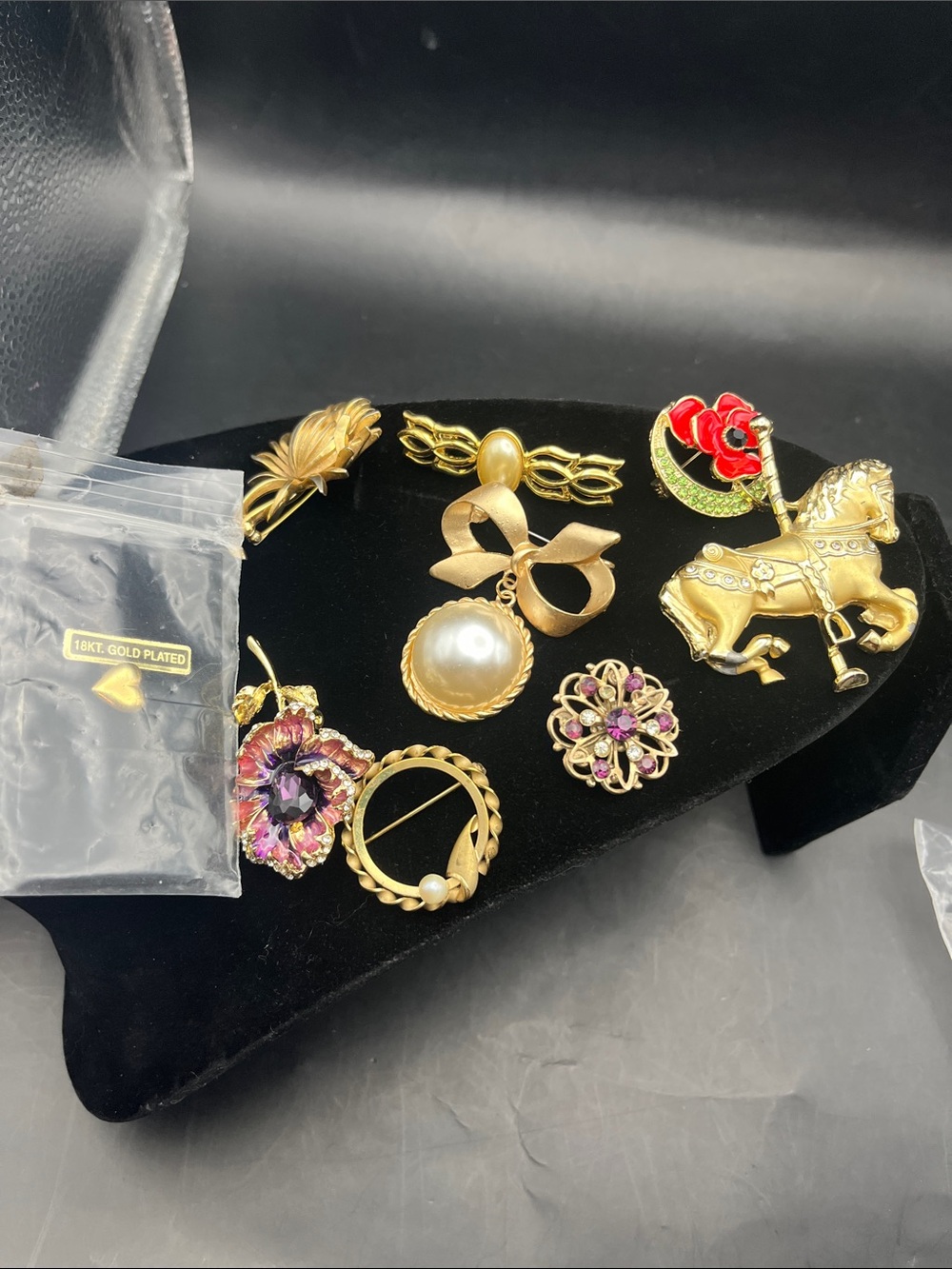 9 PCS! Gold-Tone Mixed Brooch Set with Red and Pearl Accents vintage